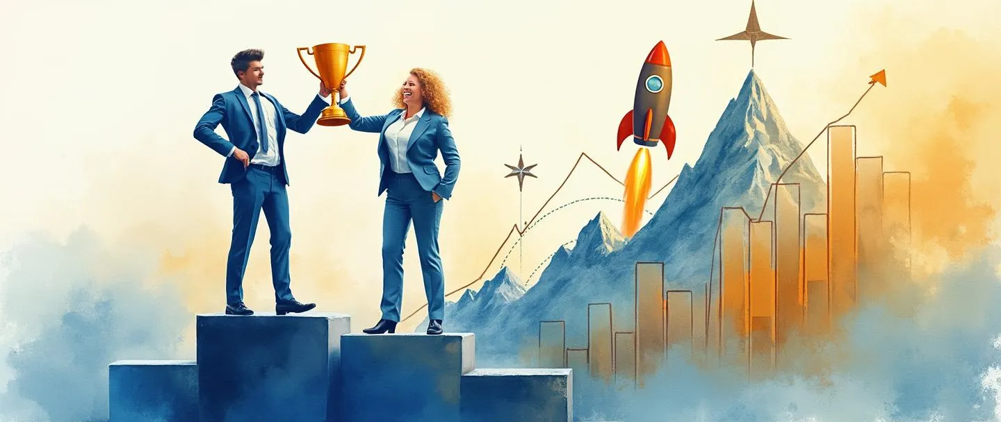 Uma pintura digital em aquarela de duas pessoas de negócios em um pódio, uma segurando um troféu enquanto está posicionada mais alto que os competidores. Atrás deles, um gráfico com tendência ascendente e um foguete subindo ao lado. Uma bússola aponta para um pico de montanha distante. Composição simples com vibrantes tons de azul e dourado, transmitindo vantagem competitiva.