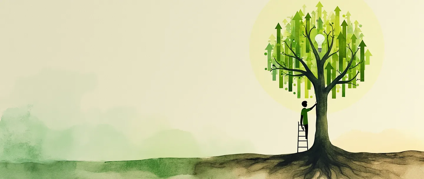 Uma pintura digital em aquarela de uma árvore com folhas feitas de setas verdes apontando para cima, enraizada em um símbolo de economia circular. Uma escada está apoiada contra o tronco, com uma figura subindo em direção a uma lâmpada no topo. Composição simples com tons terrosos e verdes vibrantes, representando liderança em crescimento sustentável.