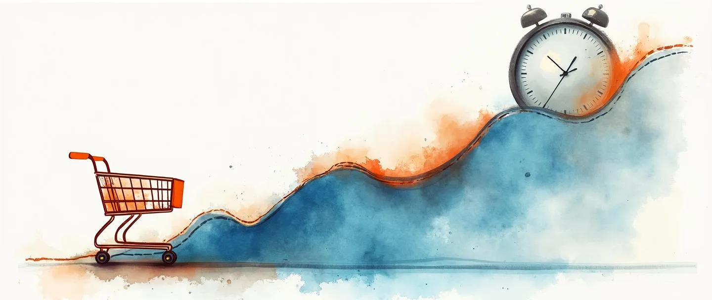 Uma pintura digital em aquarela de um gráfico fluido com picos e vales alternados, mostrando flutuações de demanda ao longo do tempo. Um carrinho de compras aparece menor no vale e maior no pico, com um relógio sutilmente integrado ao fundo. Composição simples com tons de azul e laranja, visualização de conceito de negócios.