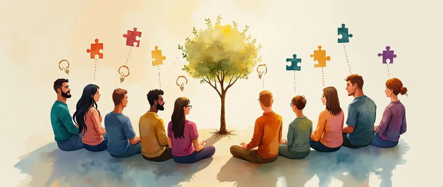 Uma pintura digital em aquarela de pessoas diversas sentadas em círculo compartilhando ideias, com lâmpadas aparecendo acima de suas cabeças. O conhecimento flui entre elas como peças coloridas de quebra-cabeça conectando cada pessoa. Uma pequena árvore cresce no centro, simbolizando o crescimento através da colaboração. Composição simples com cores quentes e convidativas.