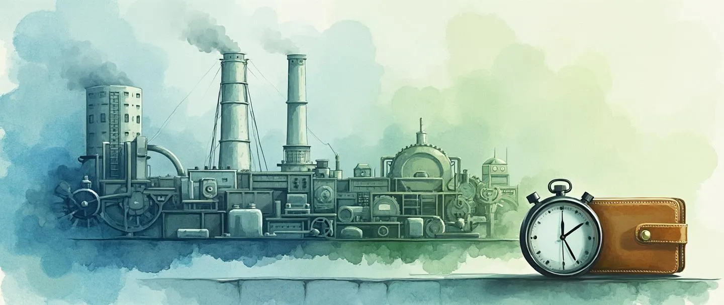 Uma pintura digital em aquarela de uma fábrica simplificada com partes desnecessárias sendo removidas, mostrando um fluxo de trabalho claro com engrenagens perfeitamente alinhadas. Um cronômetro e uma carteira pairam próximos, sugerindo eficiência de tempo e custo. Composição simples com elementos mínimos, usando tons suaves de azul e verde para transmitir otimização.