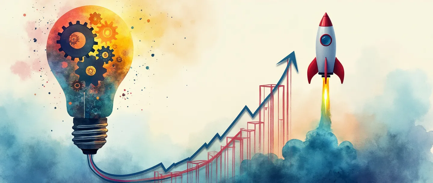 Uma pintura digital em aquarela de uma lâmpada com engrenagens dentro, conectada a um foguete lançando-se para cima a partir de um alvo. Raios coloridos de inovação emanam da lâmpada, enquanto um gráfico simples ascendente mostra progresso. Estilo limpo e vibrante com elementos mínimos simbolizando crescimento e ideias criativas de negócios.
