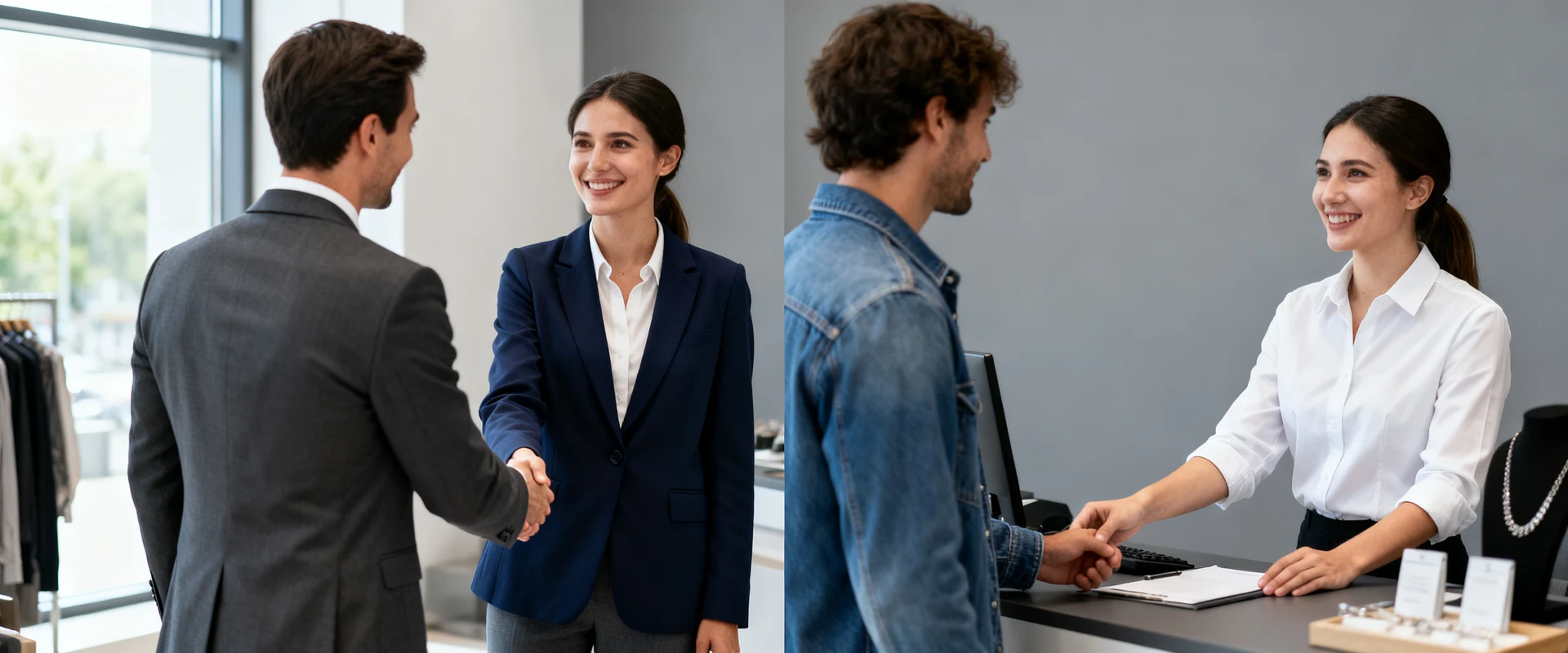 B2B e B2C: entenda as diferenças e como adaptar a venda para cada público Fotografia editorial ultra-realista mostrando cena dividida: executivos em aperto de mão corporativo e vendedor atendendo cliente em ambiente de varejo, capturada com Canon EOS R5, luz natural, foco nítido e detalhes autênticos.