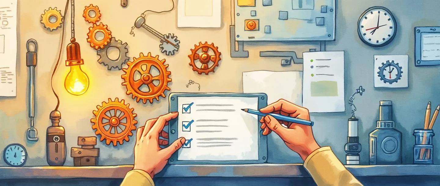 Tradução para pt-br:

Uma pintura digital em aquarela de mãos manipulando habilmente engrenagens acima de uma estação de trabalho simples. Uma lâmpada brilhante paira por perto enquanto um pequeno relógio e uma lista de verificação aparecem ao fundo. Cores quentes com acentos azuis, composição limpa, representando competência prática no local de trabalho e proficiência técnica.