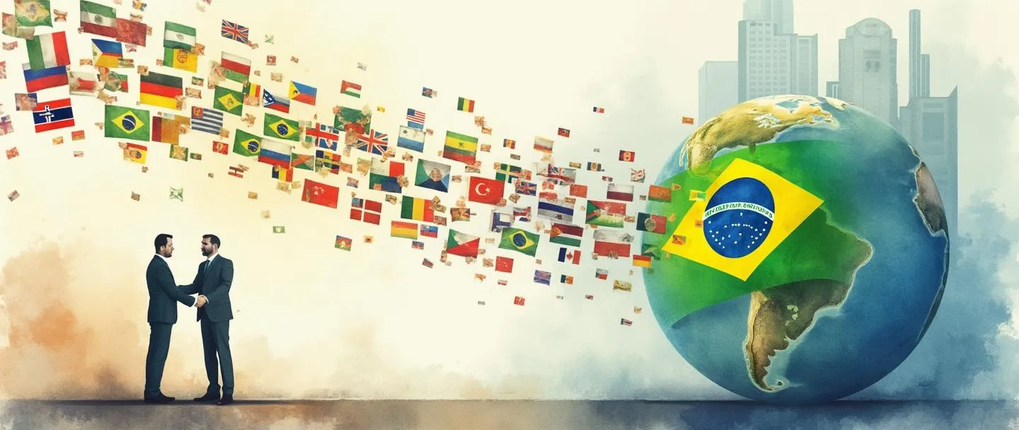 Uma pintura digital em aquarela de um globo com bandeiras internacionais, com setas fluidas de dinheiro e moedas estrangeiras entrando em uma bandeira brasileira estilizada. Um aperto de mão entre duas figuras de negócios está em primeiro plano, com uma silhueta de arranha-céu ao fundo. Composição simples, cores vibrantes, representando investimento de capital estrangeiro.