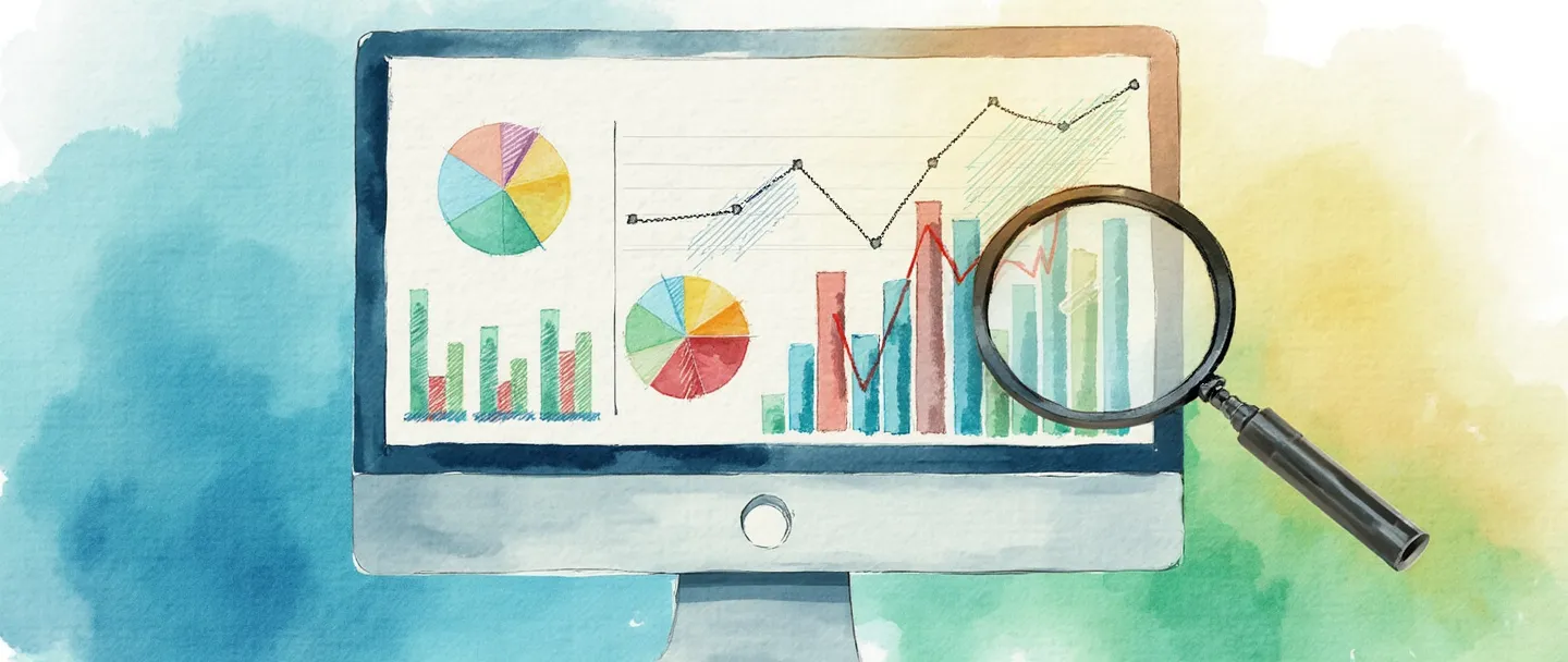 Uma pintura digital em aquarela de um computador exibindo gráficos de barras coloridos e gráficos de pizza, com pontos de dados fluindo em padrões organizados. Uma lupa paira por perto, revelando insights dentro dos números. Composição simples com linhas limpas e tons vibrantes de azul e verde, transmitindo análise de dados de uma forma acessível.