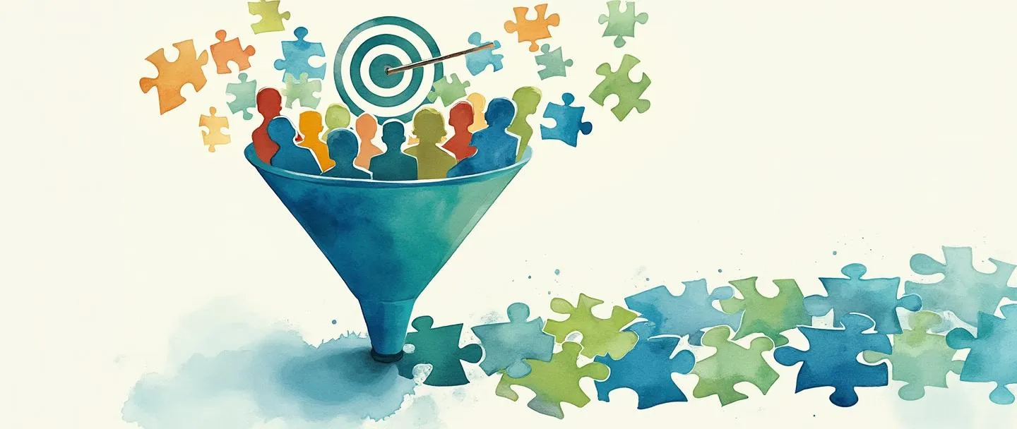 Uma pintura digital em aquarela de um funil filtrando diversos perfis de clientes representados por peças de quebra-cabeça coloridas. Acima do funil há um alvo com uma marca central, e abaixo estão peças de quebra-cabeça organizadas e correspondentes formando um padrão ordenado. Composição simples com azuis e verdes vibrantes, transmitindo segmentação de clientes e seleção estratégica.