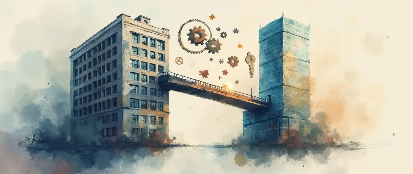 Uma pintura digital em aquarela de um antigo edifício de escritórios se transformando em um arranha-céu moderno, com uma ponte conectando-os. Engrenagens e peças de quebra-cabeça flutuam entre as estruturas, simbolizando integração. Uma chave e uma bússola representam orientação durante a transição. Composição simples, cores corporativas suaves com toques de azul vibrante.