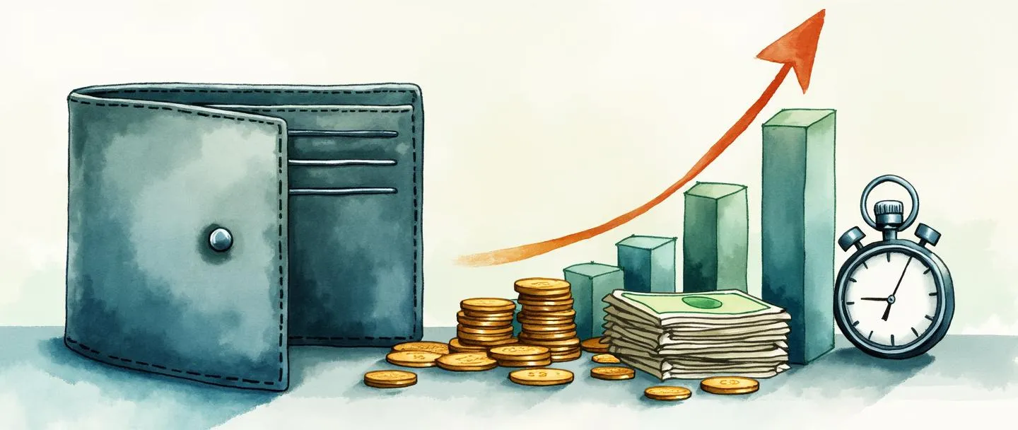 Uma pintura digital em aquarela de uma carteira simplificada liberando moedas desnecessárias, com um gráfico de barras crescente próximo mostrando crescimento melhorado. Um cronômetro e uma pequena pilha de notas organizadas completam a composição simples. Linhas limpas, estilo minimalista, tons suaves de azul e verde transmitindo eficiência e otimização financeira.