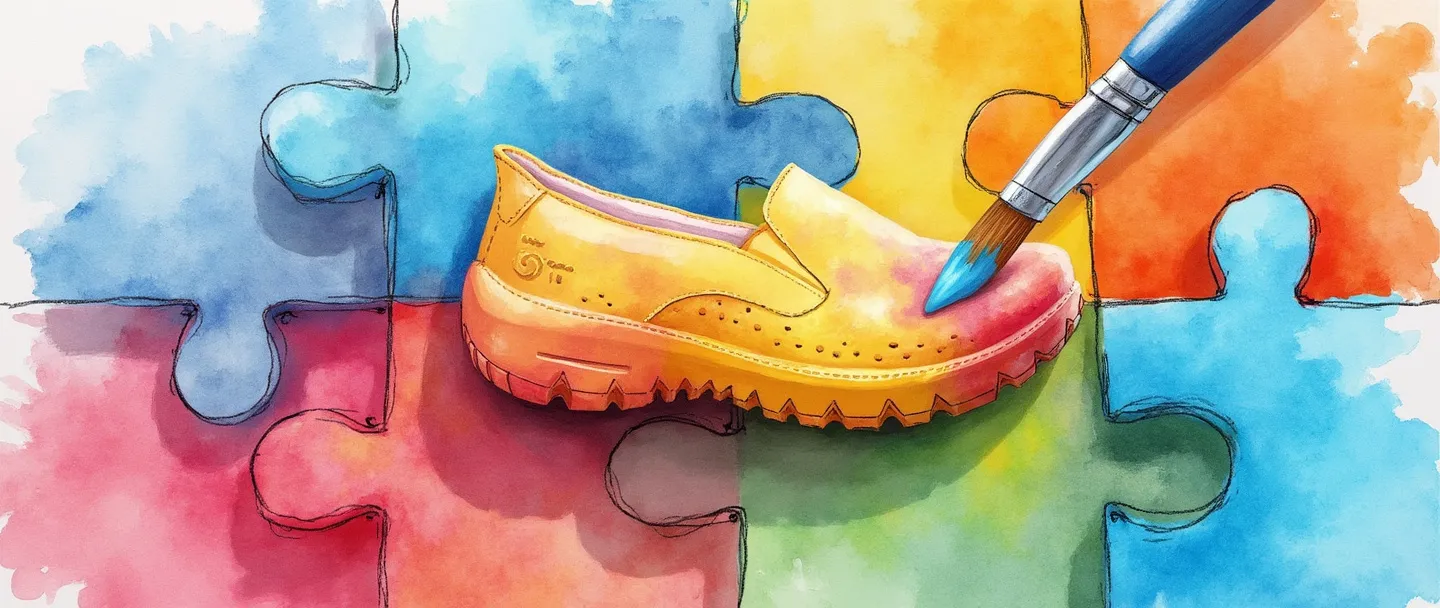 Uma pintura digital em aquarela de um produto personalizável (como um smartphone ou tênis) cercado por peças de quebra-cabeça coloridas que se encaixam perfeitamente. Um pincel toca o produto, transformando parte dele com cores vibrantes. Composição simples com metáfora visual clara para personalização de produto.
