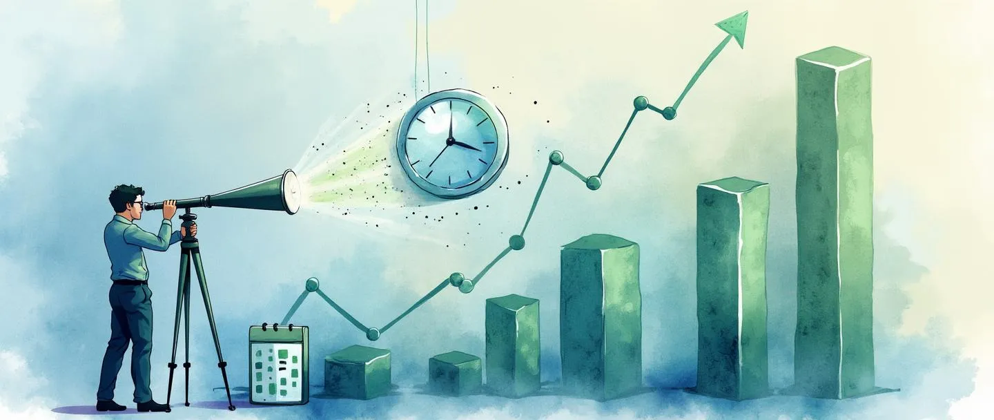 Uma pintura digital em aquarela de uma pessoa olhando através de um telescópio em direção a gráficos de barras e linhas em ascensão. Um calendário e um relógio pairam nas proximidades, enquanto uma bola de cristal mostra lucros futuros. Composição simples com tons suaves de azul e verde, transmitindo a previsão de negócios como uma forma de prever tendências futuras do mercado.