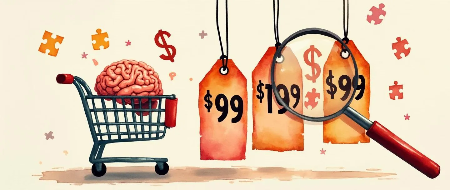 Uma pintura digital em aquarela de etiquetas de preço com números psicológicos (R$9,99, R$199) penduradas em um carrinho de compras. Uma lupa revela um cérebro dentro de uma etiqueta de preço, com cifrões e peças de quebra-cabeça flutuando ao redor. Composição simples com cores quentes destacando o conceito de precificação psicológica.