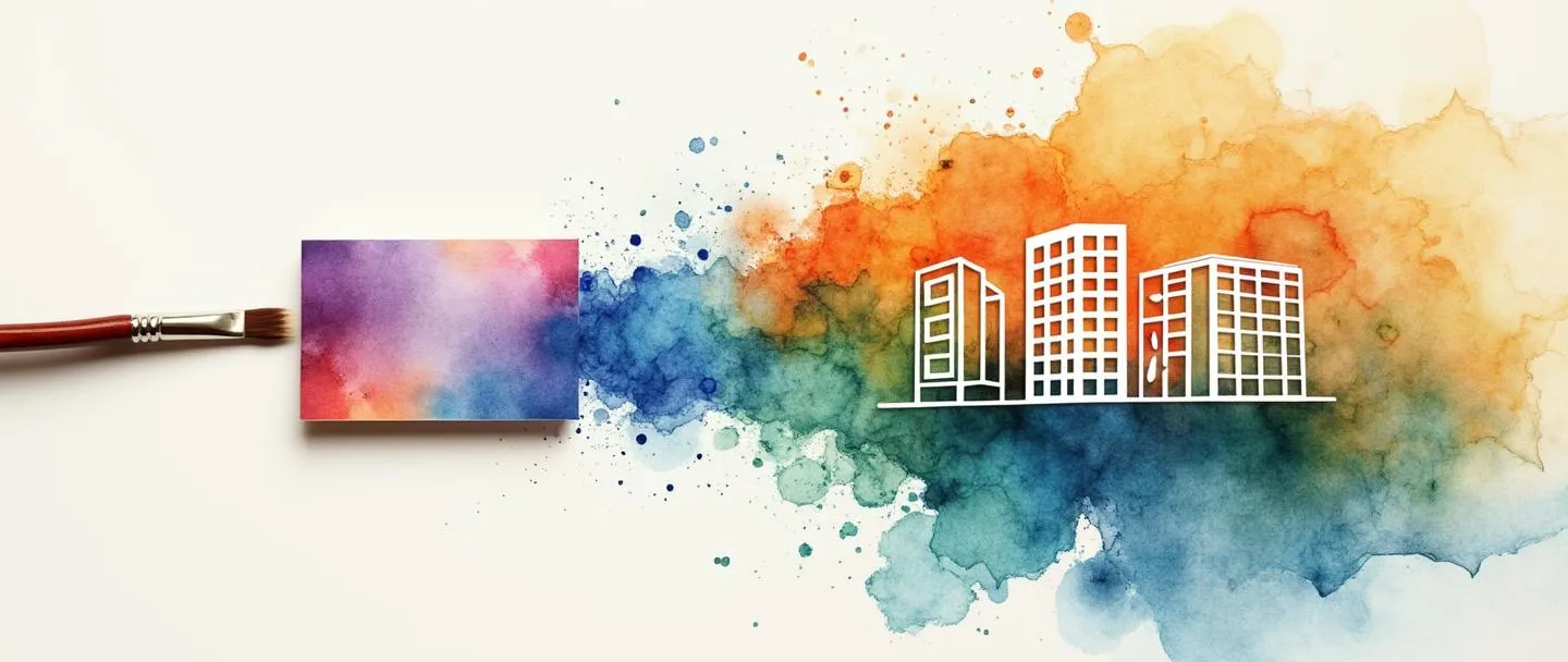 Uma pintura digital em aquarela de um cartão de visita se transformando em um logotipo colorido, com um pincel criando uma identidade de marca fluida que se conecta a um edifício de escritório simples. Os elementos de identidade (cores, formas, tipografia) irradiam para fora como um sistema visual coeso. Composição limpa, atmosfera profissional, porém criativa.