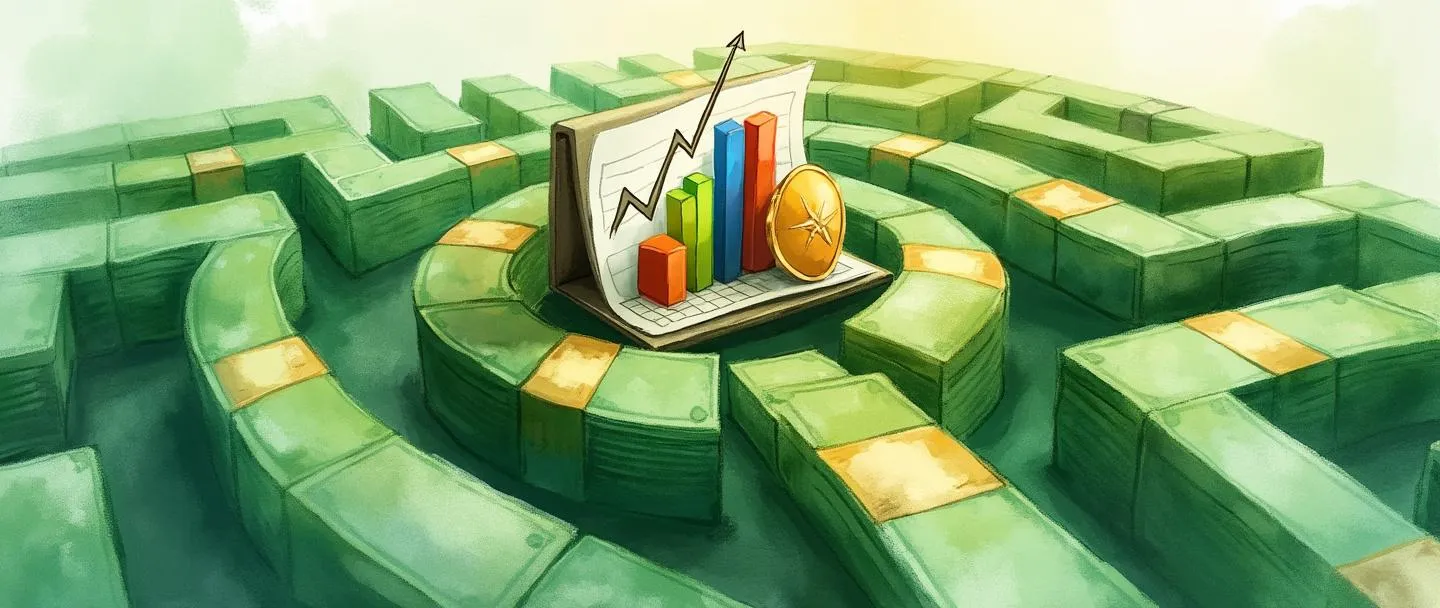 Uma pintura digital em aquarela de um labirinto de sebes feito de notas de dinheiro com uma pasta de investimentos no centro. Dentro da pasta, gráficos de barras coloridos se elevam para cima. Uma bússola aponta para o centro enquanto um pequeno escudo protege um canto do labirinto. Composição simples com tons de verde e dourado, transmitindo estratégia financeira e proteção.