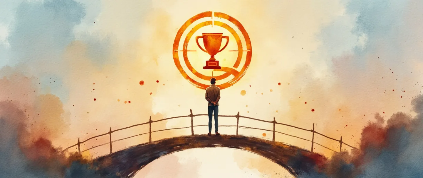 Uma pintura digital em aquarela de uma pessoa em pé com confiança, com um logotipo pessoal brilhando acima dela. Uma ponte a conecta a um alvo com um troféu em seu centro. Elementos simples de portfólio flutuam nas proximidades. Cores quentes e profissionais com detalhes mínimos. Tema de sucesso em branding pessoal.