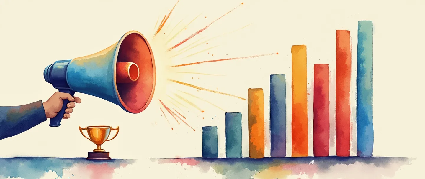 Uma pintura digital em aquarela de uma pessoa com um megafone anunciando resultados de um gráfico de barras colorido, com raios de luz emanando do gráfico. Um pequeno troféu está próximo, simbolizando conquista. Composição simples com cores vibrantes contra um fundo limpo.