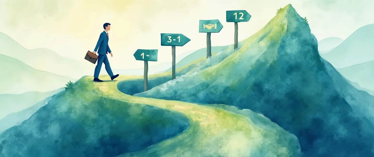 Uma pintura digital em aquarela de uma pessoa de negócios com uma pasta caminhando por um caminho sinuoso com estágios distintos marcados por placas de sinalização. O caminho atravessa uma paisagem montanhosa em direção a um ícone de aperto de mão no topo. Composição simples com tons fluidos de azul e verde, representando a jornada do usuário B2B.