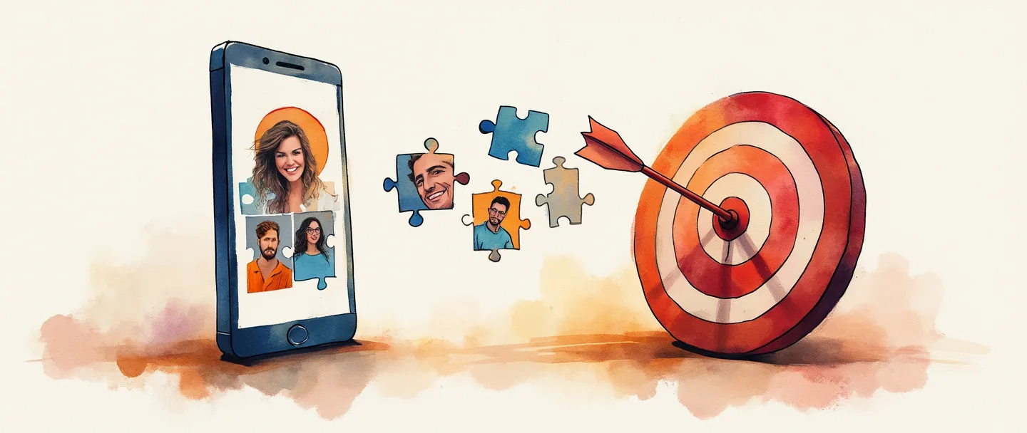 Uma pintura digital em aquarela de um smartphone exibindo um perfil de usuário único com peças de quebra-cabeça se organizando para formar diferentes personas de clientes. Um alvo com uma flecha no centro se conecta ao telefone, mostrando mensagens personalizadas fluindo entre eles. Composição simples, cores quentes, estilo minimalista.