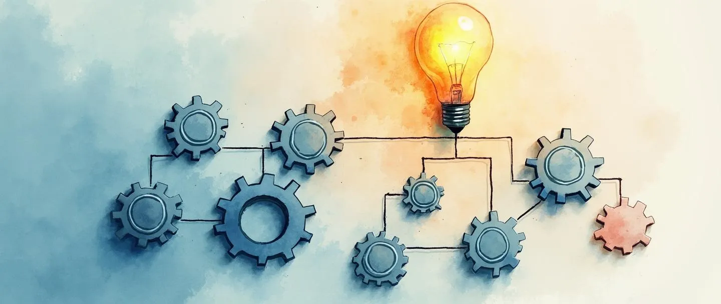 Uma pintura digital em aquarela de um organograma com engrenagens interconectadas, mostrando uma estrutura hierárquica simplificada. Uma lâmpada ilumina o topo do gráfico, enquanto peças de quebra-cabeça se encaixam em vários pontos de conexão. Linhas limpas, design minimalista, tons suaves de azul e laranja, atmosfera profissional, porém criativa.