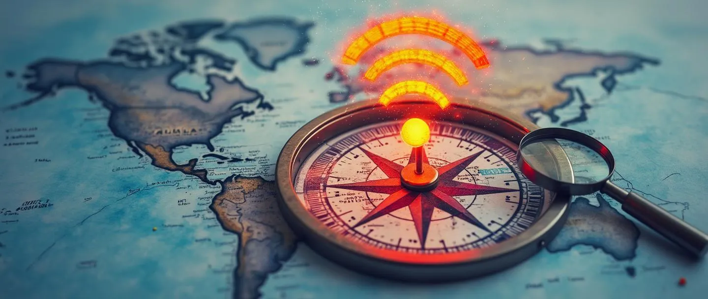 Um desenho em aquarela digital de um ponto estratégico visualizado como um símbolo de WiFi brilhante irradiando de uma rosa dos ventos. A bússola está posicionada em um mapa simplificado com locais-chave marcados como alvos. Uma lupa paira próxima, destacando um ponto de conexão particularmente brilhante. Composição simples com azuis vibrantes e vermelhos estratégicos, transmitindo o conceito de um ponto de conexão estratégico.