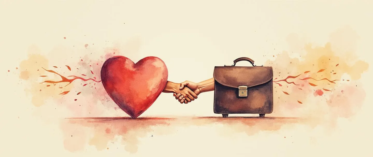 Uma pintura digital em aquarela de um coração conectado a uma pasta executiva, com ondas suaves de emoção fluindo entre eles. Um aperto de mãos forma uma ponte entre o coração e potenciais clientes. Cores suaves e quentes transmitem confiança e conexão. Composição simples com elementos mínimos, focando no vínculo emocional entre marca e consumidor.