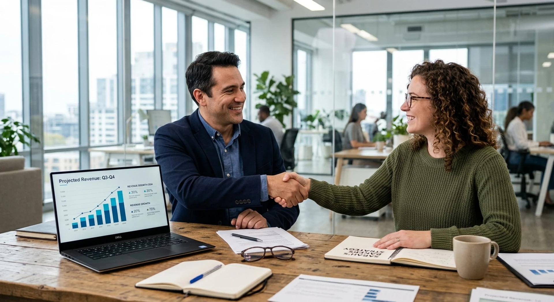 Fotografia editorial ultra-realista de reunião de negócios profissional em escritório moderno, com consultor apresentando gráficos de crescimento em laptop para empresário, aperto de mão e colaboração, momento autêntico capturado com Canon EOS R5, luz natural, foco nítido e alta resolução.