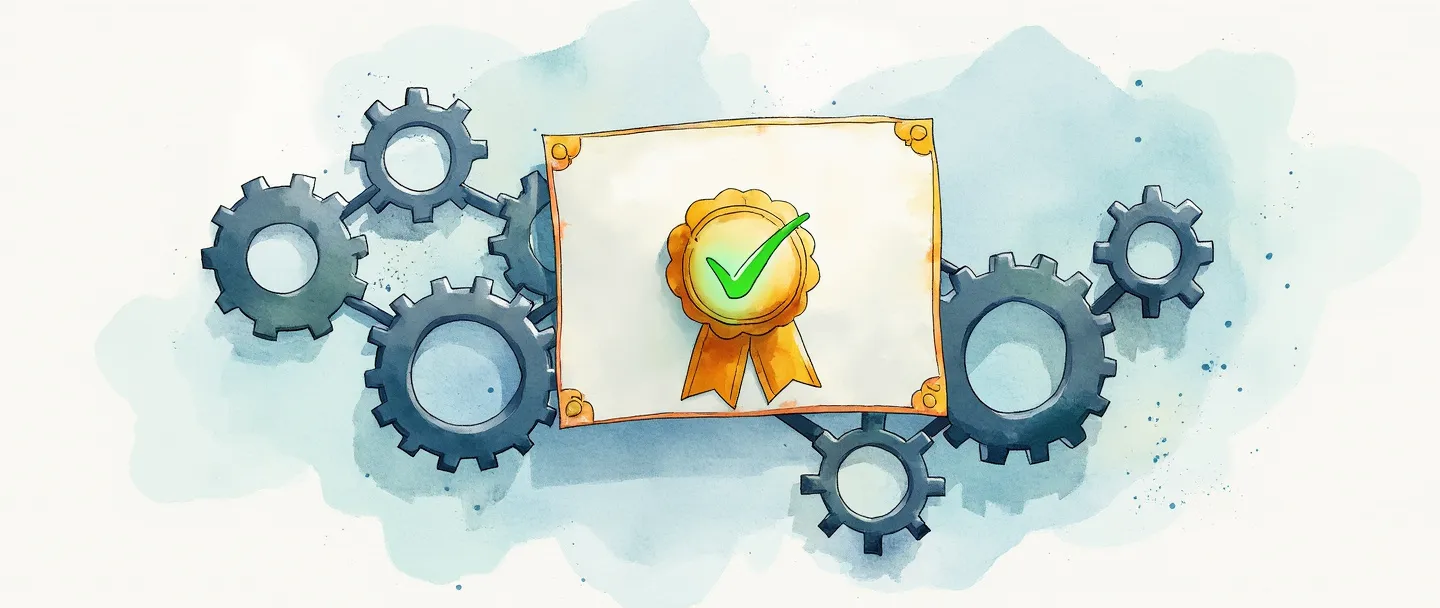 Uma pintura digital em aquarela de um certificado com um selo dourado, cercado por engrenagens interconectadas em movimento. Um símbolo de marca de verificação brilha em verde no certificado, enquanto um fluxograma simples se estende a partir dele. Cores limpas e profissionais com detalhes mínimos, transmitindo validação de processos e garantia de qualidade.