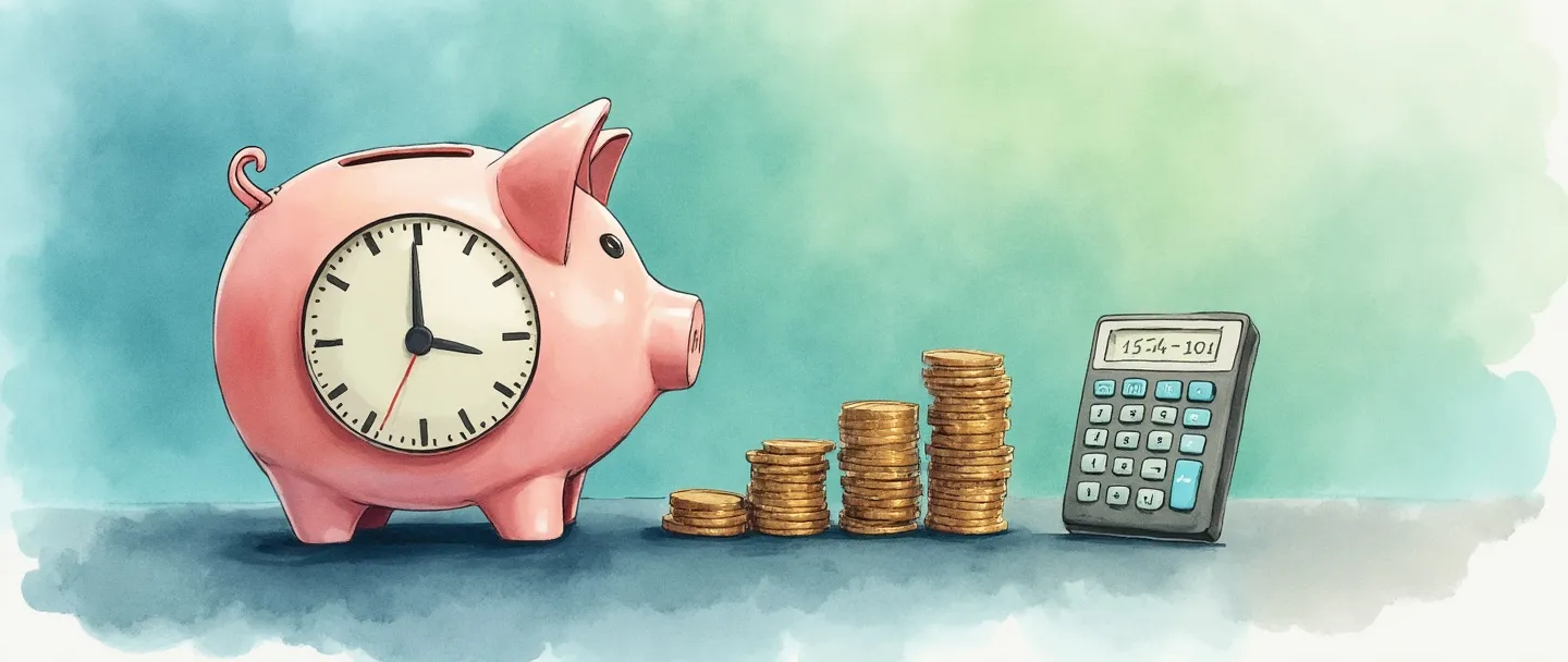 Uma pintura digital em aquarela de um cofre de porquinho com um mostrador de relógio incorporado em seu lado. Moedas estão se empilhando ao lado dele em uma progressão linear simples. Uma pequena calculadora exibe uma fórmula básica de juros. Composição limpa com tons suaves de azul e verde, transmitindo o conceito de crescimento de juros simples ao longo do tempo.
