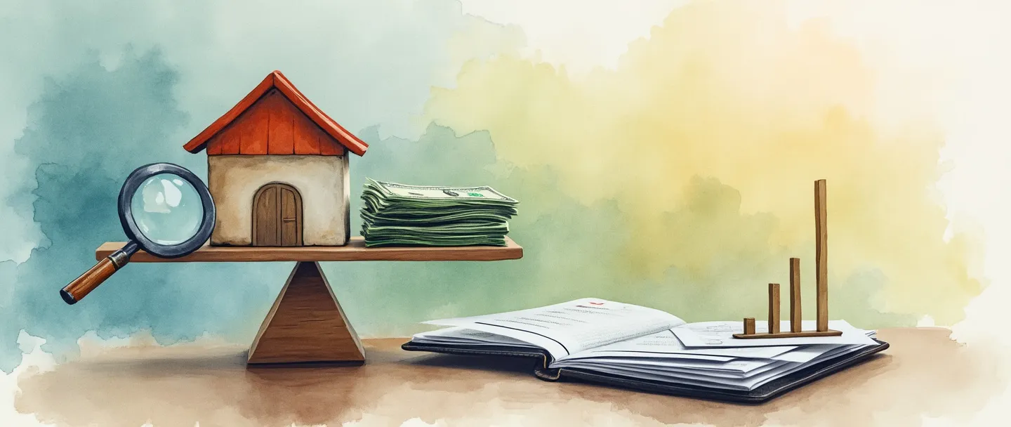 Uma pintura digital em aquarela de uma balança pesando uma casa e dinheiro, com uma lupa pairando sobre documentos financeiros. Uma pasta está próxima com um pequeno gráfico de barras subindo dela. Composição simples, cores profissionais suaves, tema de análise financeira.