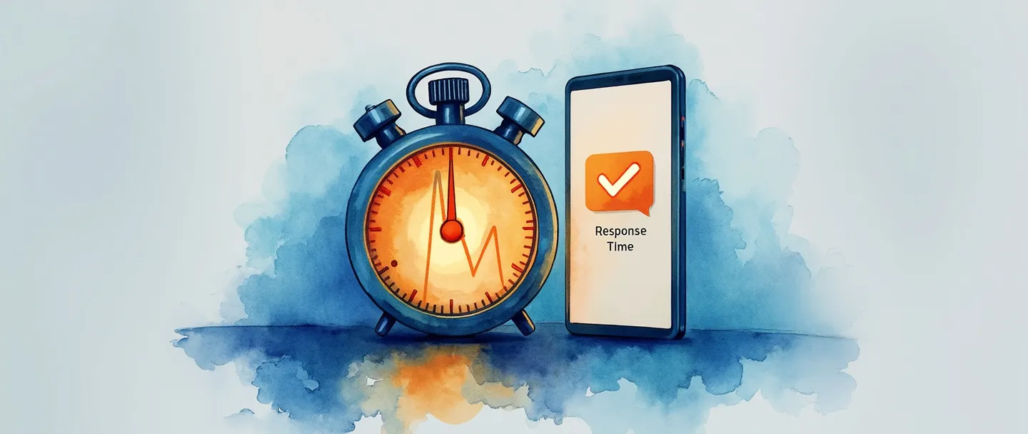 Uma pintura digital em aquarela de um cronômetro com uma tela brilhante mostrando um gráfico com tendência descendente. Um smartphone ao lado exibe uma notificação com um sinal de verificação. Composição simples com tons de azul e laranja, transmitindo medição de tempo de resposta e eficiência.