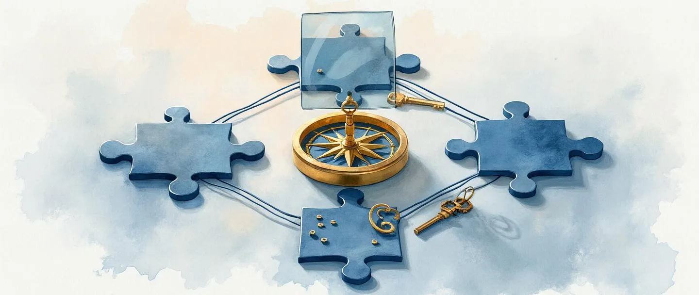 Uma pintura digital em aquarela de um organograma simples com peças de quebra-cabeça conectadas formando uma estrutura. No centro há uma bússola dourada cercada por pequenas engrenagens. Um escudo transparente sobrepõe a estrutura, com uma chave próxima. Linhas limpas, paleta profissional em azul e dourado, conceito de governança.