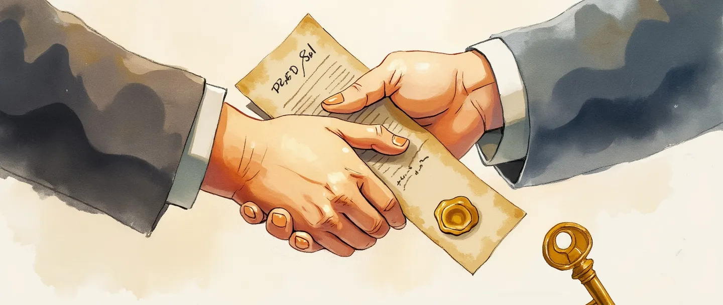 Uma pintura digital em aquarela de duas mãos trocando um documento de contrato assinado com um selo dourado. Um aperto de mãos se forma acima do contrato, com uma chave sutil próxima simbolizando o fechamento do acordo. Composição simples com cores profissionais quentes contra um fundo claro.