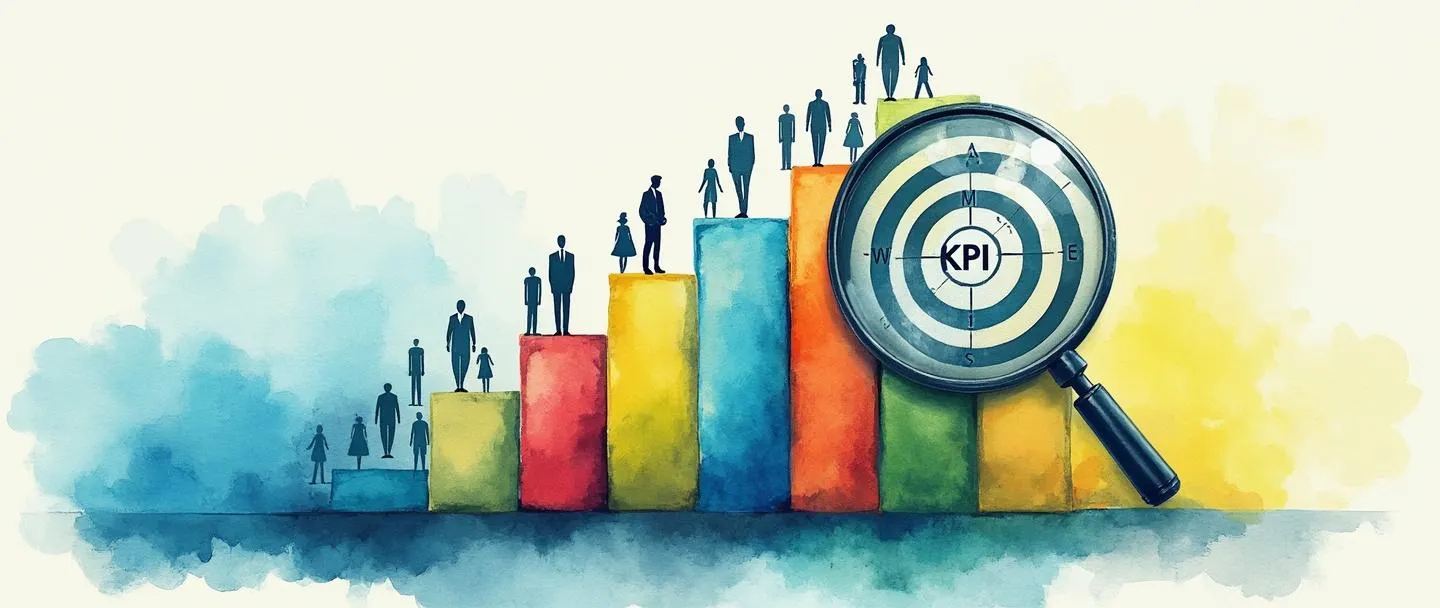 Uma pintura digital em aquarela de um gráfico de barras colorido com ícones de redes sociais subindo para cima. Uma lupa paira sobre métricas-chave, revelando pequenas silhuetas humanas. Uma bússola aponta para um alvo com "KPI" escrito no centro. Composição simples com tons de azul e verde, transmitindo a medição de impacto social.