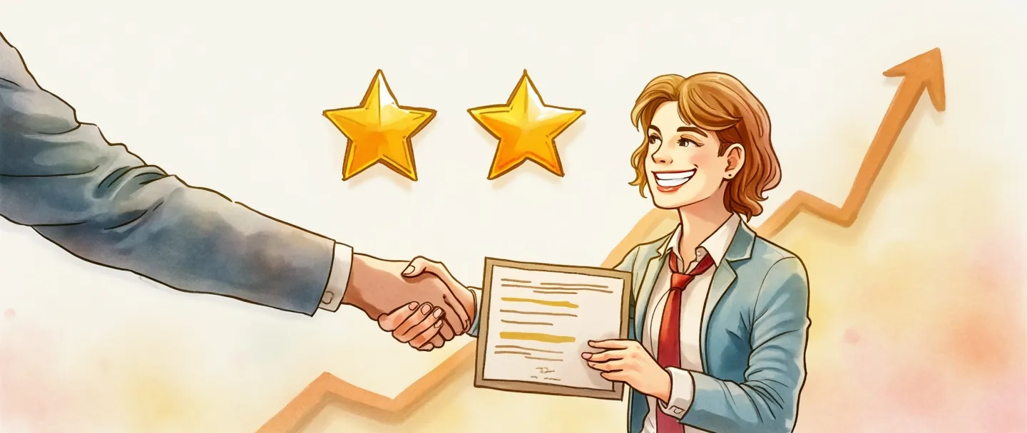 Uma pintura digital em aquarela de uma pessoa sorridente com uma classificação de estrela dourada acima dela, recebendo um certificado de outra pessoa usando gravata. Um simples aperto de mãos os conecta, com um gráfico sutil de tendência ascendente em cores suaves formando o fundo. Composição limpa e minimalista com tons quentes e satisfeitos.