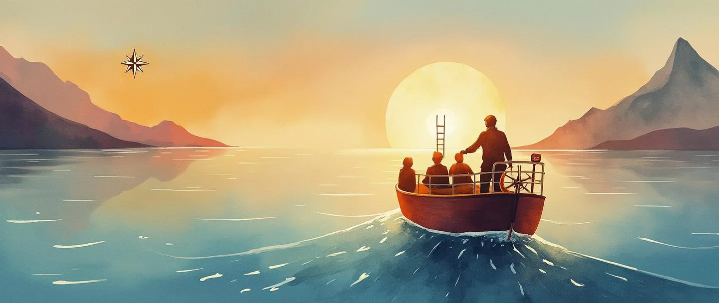 Uma pintura digital em aquarela de um líder no comando de um navio, guiando-o através de águas calmas. Atrás dele, uma pequena equipe trabalha em harmonia. Uma rosa dos ventos brilha suavemente no canto, enquanto uma escada se estende para cima em direção a um distante pico de montanha. Composição simples com cores quentes e inspiradoras.