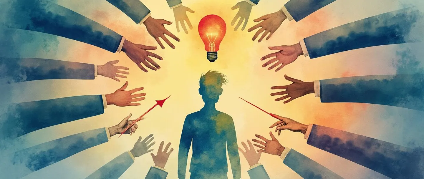 Uma pintura digital em aquarela de um cliente no centro, rodeado por círculos concêntricos de elementos de serviço. Profissionais de negócios estendem as mãos em direção à figura central. Uma bússola aponta para o cliente, enquanto uma pequena lâmpada brilha acima. Composição simples com cores quentes e convidativas que enfatizam a conexão humana e a organização centrada no cliente.