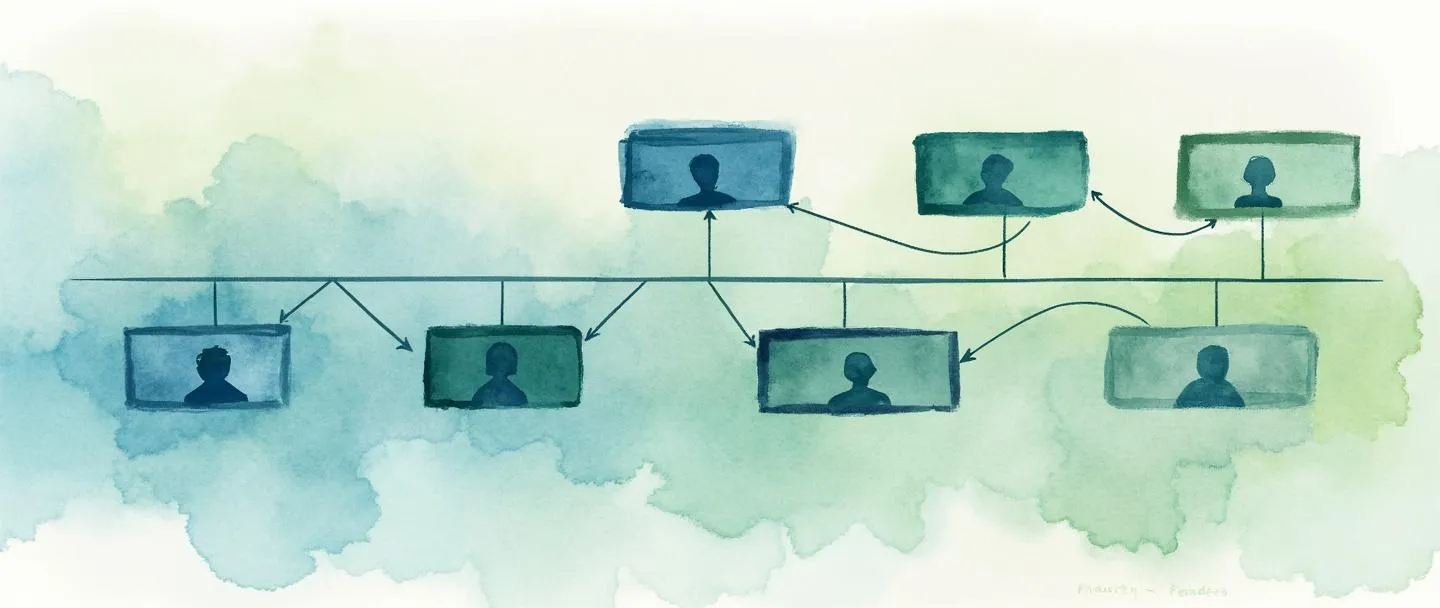 Um desenho em aquarela digital de um organograma horizontal mostrando caixas conectadas fluindo da esquerda para a direita em vez de cima para baixo. Ícones de pessoas em cada caixa estão ligados por linhas pontilhadas em vez de hierarquias verticais. Design simples e limpo com tons suaves de azul e verde transmitindo igualdade e colaboração.