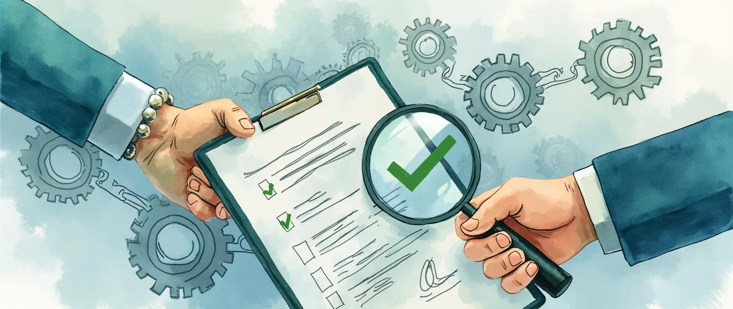Uma pintura digital em aquarela de um aperto de mão entre duas pessoas, com uma lupa examinando um certificado próximo. Marcas de verificação de qualidade flutuam acima de uma cadeia de suprimentos simplificada representada por engrenagens conectadas. Uma prancheta com uma lista de verificação está ao lado deles. Linhas limpas, tons profissionais de azul e verde, transmitindo controle de qualidade de fornecedores.