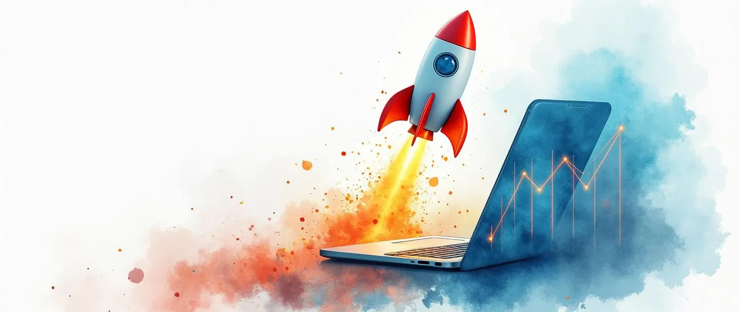 Uma pintura digital em aquarela de um foguete lançando de um laptop, deixando um rastro de código digital colorido. Um smartphone exibe um gráfico com tendência ascendente. Composição simples com azuis e laranjas vibrantes contra um fundo branco limpo. Conceito de lançamento digital de negócios.