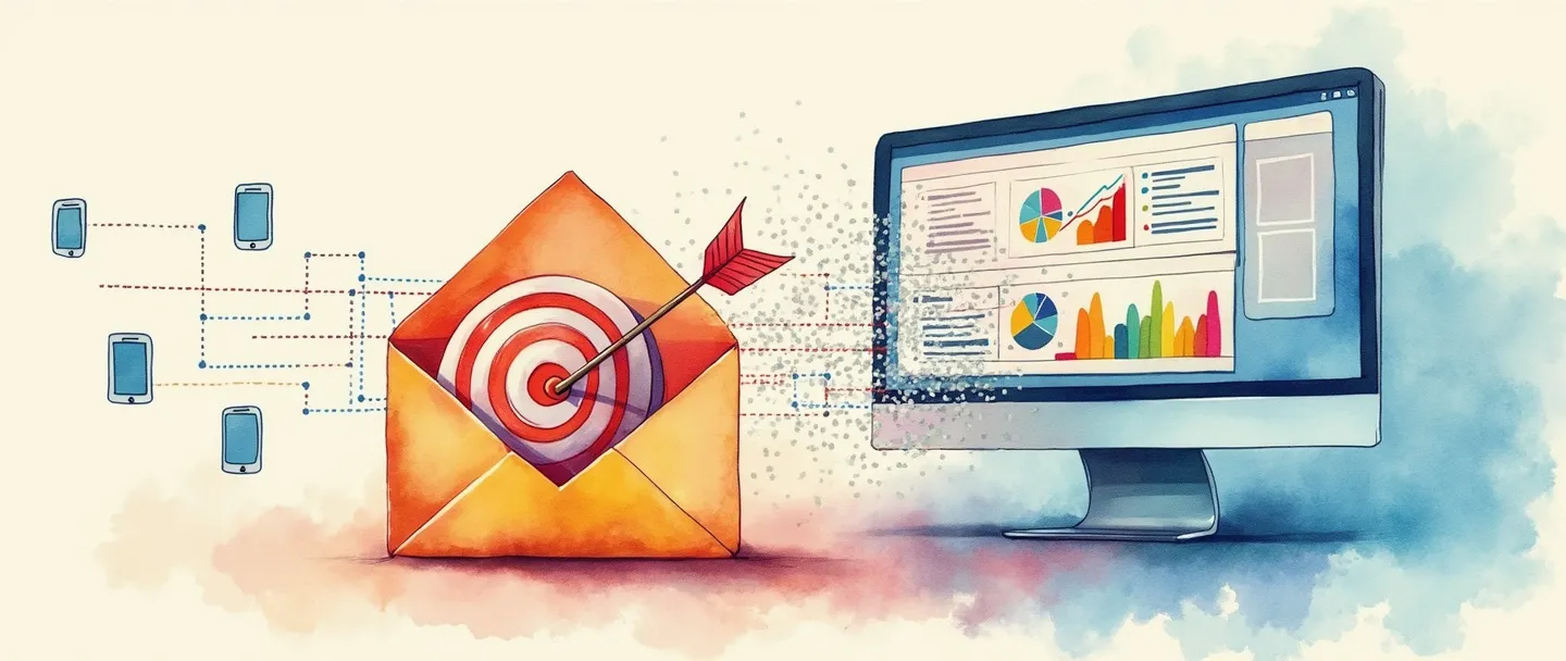 Uma pintura digital em aquarela de um envelope se transformando em uma tela de computador exibindo uma campanha de email com gráficos coloridos. Um pequeno alvo com uma flecha no centro flutua próximo, enquanto uma rede de linhas conectoras se espalha da tela para vários smartphones simplificados. Cores limpas e vibrantes com um estilo profissional, mas acessível.