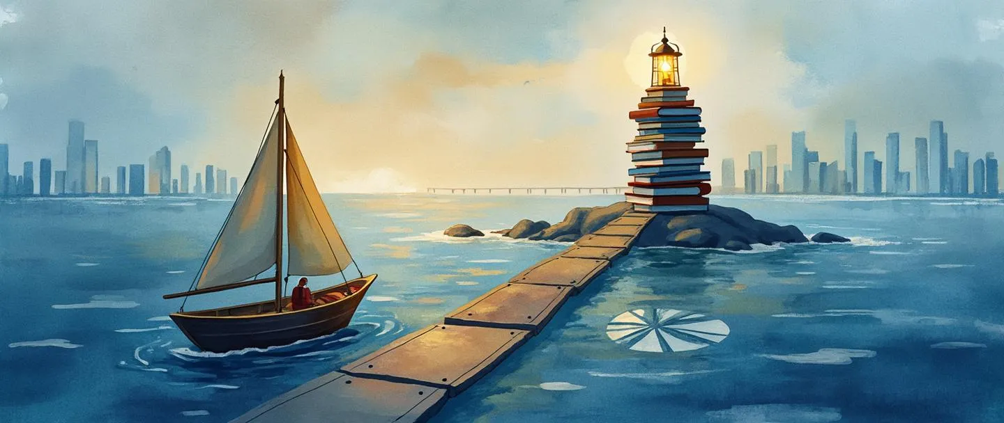 Uma pintura digital em aquarela de uma bússola guiando um pequeno barco através de um mar de gráficos de barras e gráficos de pizza. Um farol feito de livros de negócios empilhados ilumina o caminho à frente com um raio dourado. Composição simples com tons de azul e dourado, profissional mas acessível.