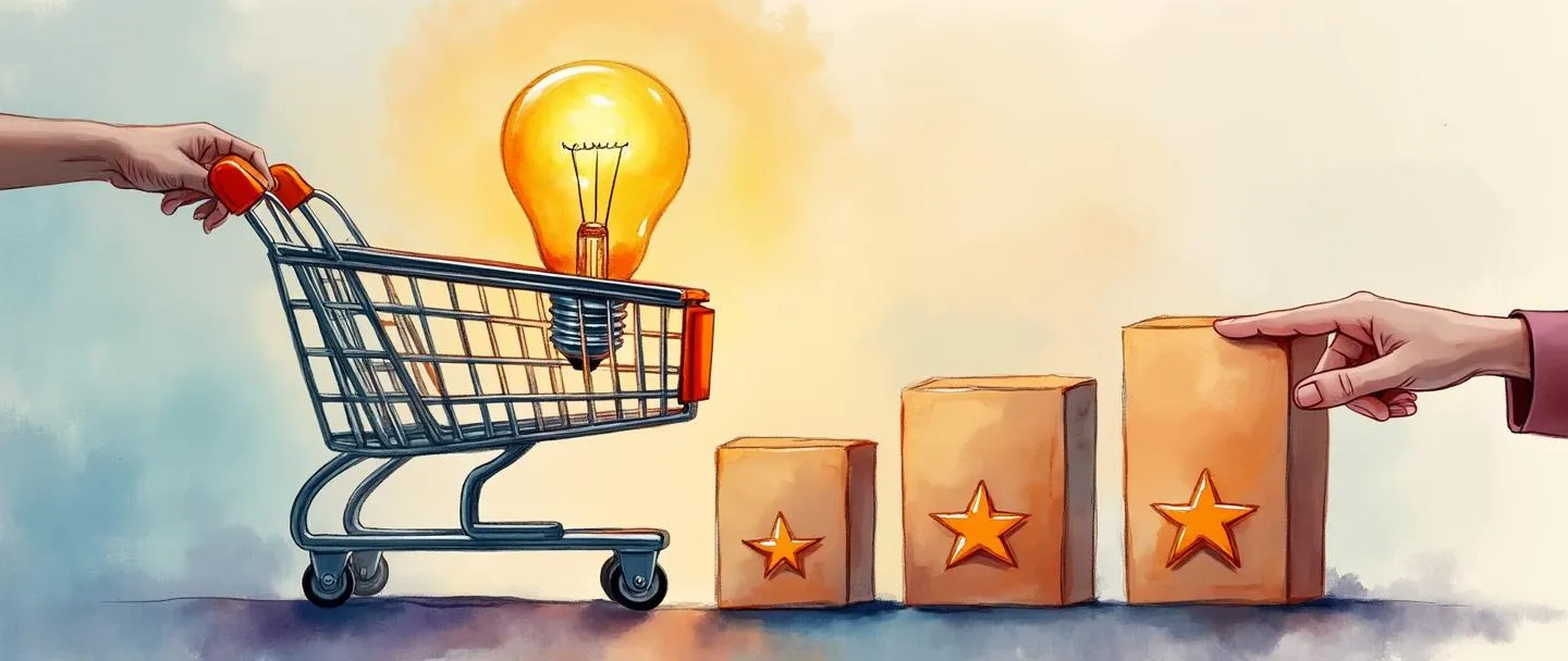 Uma pintura digital em aquarela de um carrinho de compras com uma lâmpada brilhante acima dele, cercado por três caixas de produtos com classificações por estrelas. Uma mão está apontando para a caixa com a classificação mais alta. Composição simples, cores quentes, representação visual clara de recomendação de produto.