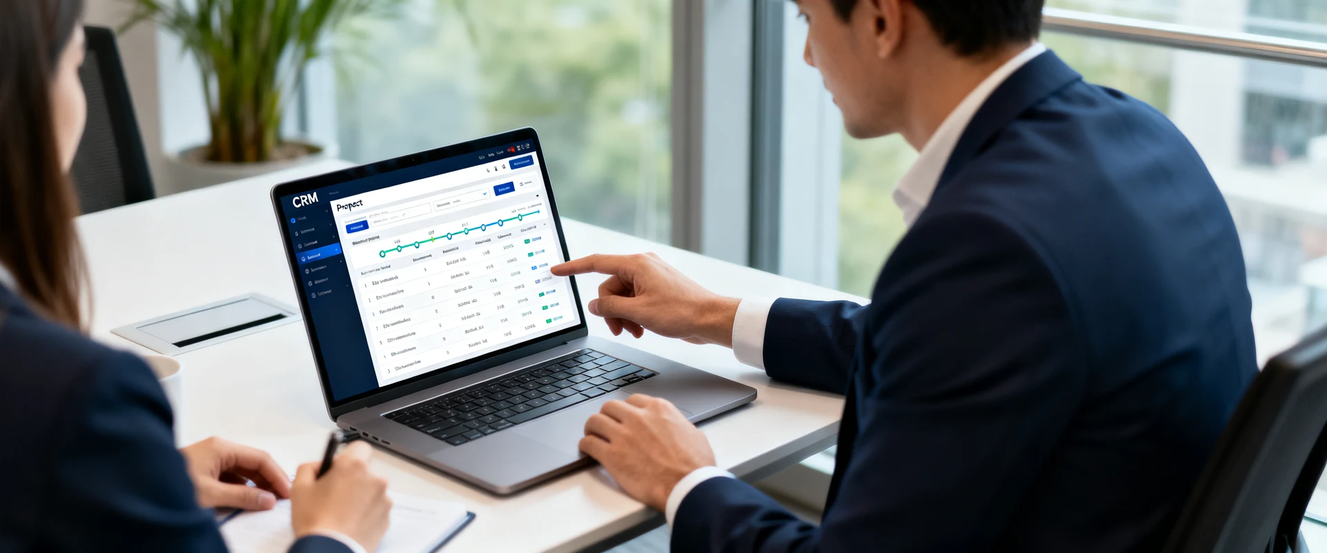 Prospect: o que é e como administrar com eficiência no seu CRM Fotografia editorial ultra-realista de equipe de vendas profissional trabalhando em escritório moderno com laptop exibindo dashboard CRM e pipeline de dados de clientes, momento autêntico capturado com luz natural, alta resolução e detalhes nítidos.