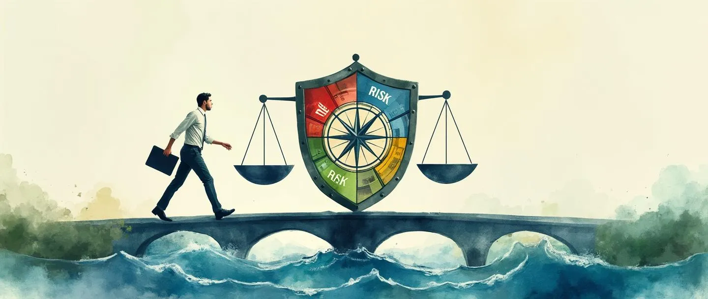 Uma pintura digital em aquarela de um escudo protegendo uma balança equilibrada, com uma bússola guiando através de um labirinto de símbolos coloridos de risco. Uma pessoa atravessando cuidadosamente uma ponte sobre águas turbulentas, carregando uma pasta. Composição simples, atmosfera profissional, tons suaves de azul e verde.