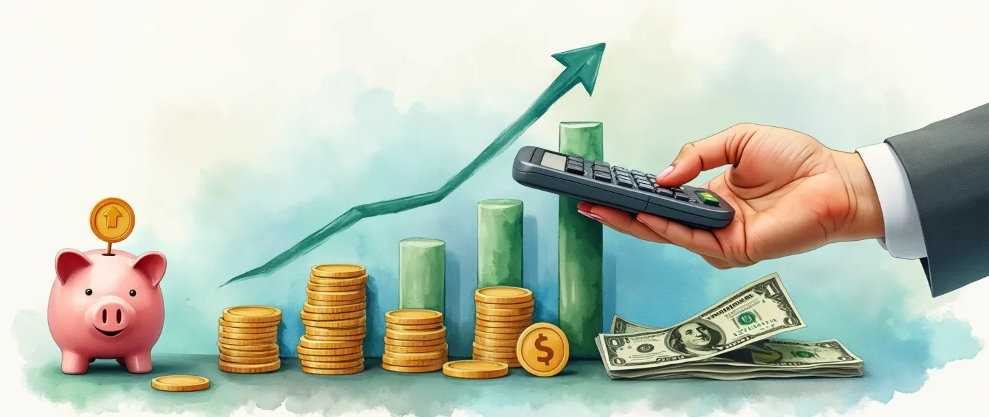 Uma pintura digital em aquarela de uma mão segurando uma calculadora sobre um gráfico de barras simplificado com tendência de queda, com moedas e notas de dólar organizadas em pilhas próximas. Um cofre de porquinho está em primeiro plano com um pequeno escudo protegendo-o, sugerindo proteção de custos. Composição simples com tons suaves de azul e verde contrastando com moedas douradas, transmitindo gestão financeira e controle de orçamento.