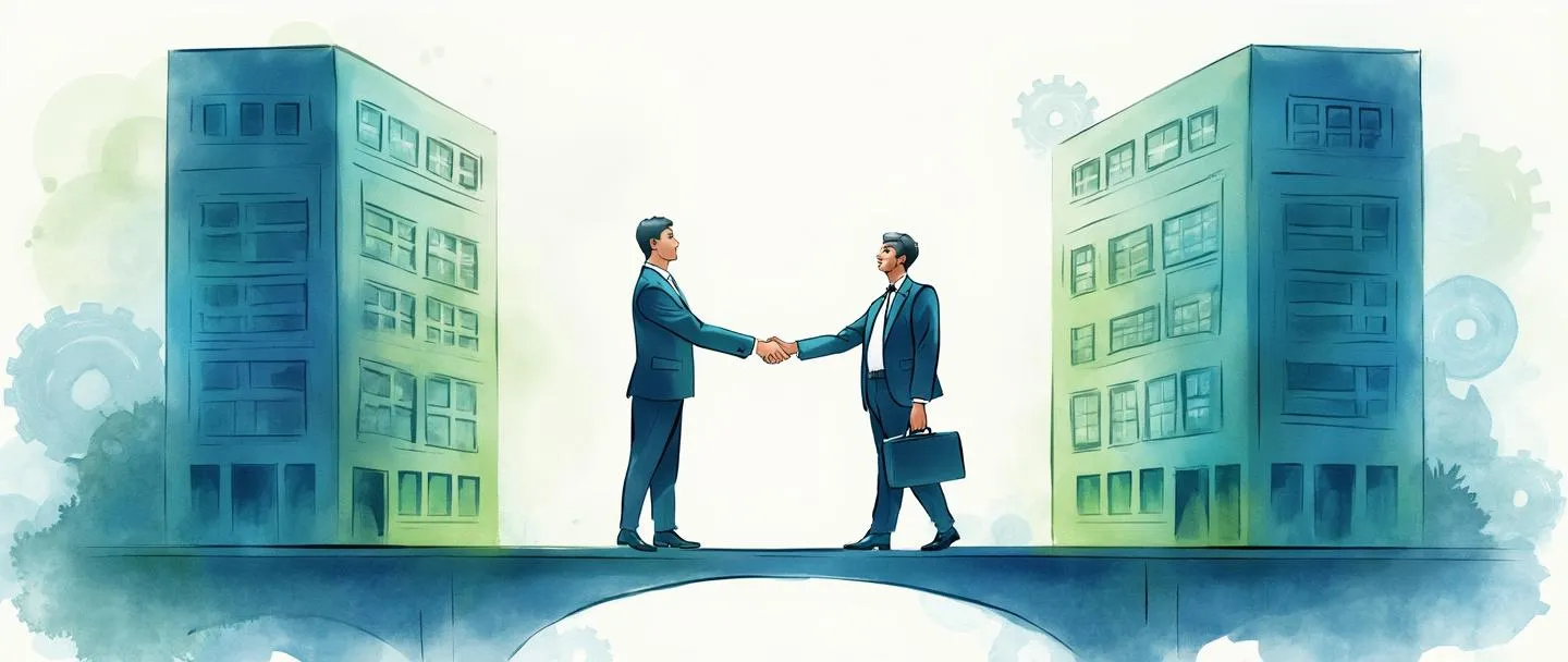 Uma pintura digital em aquarela de dois edifícios comerciais conectados por uma ponte em forma de aperto de mão. De um lado, uma pessoa de terno segura uma pasta, enquanto do outro lado, outro profissional recebe um contrato. Linhas fluidas simples, tons corporativos de azul e verde, fundo minimalista com engrenagens sutis simbolizando a engrenagem da parceria.