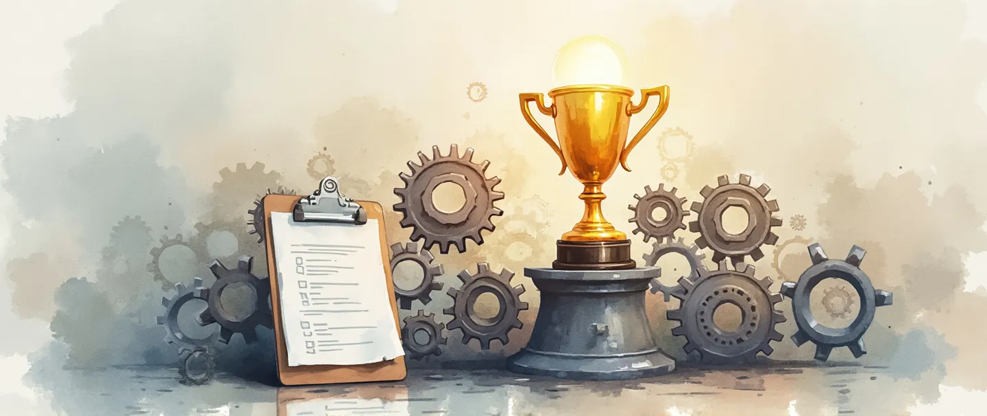 Uma pintura digital em aquarela de engrenagens organizadas fluindo suavemente juntas, com um troféu emergindo do centro delas. Uma prancheta com uma lista de verificação organizada está próxima, enquanto uma lâmpada brilha suavemente acima. Composição simples com linhas limpas e cores profissionais suaves transmitindo eficiência e sucesso.