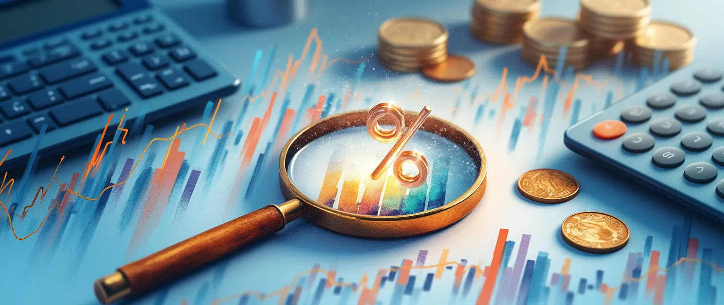 Tradução para pt-br:

Uma pintura digital em aquarela de uma lupa examinando gráficos de barras coloridos e dados financeiros, com calculadora e moedas espalhadas nas proximidades. Um símbolo de porcentagem brilha proeminentemente no centro, conectando-se a fluxos de dados. Composição simples com tons de azul e dourado, transmitindo análise financeira.