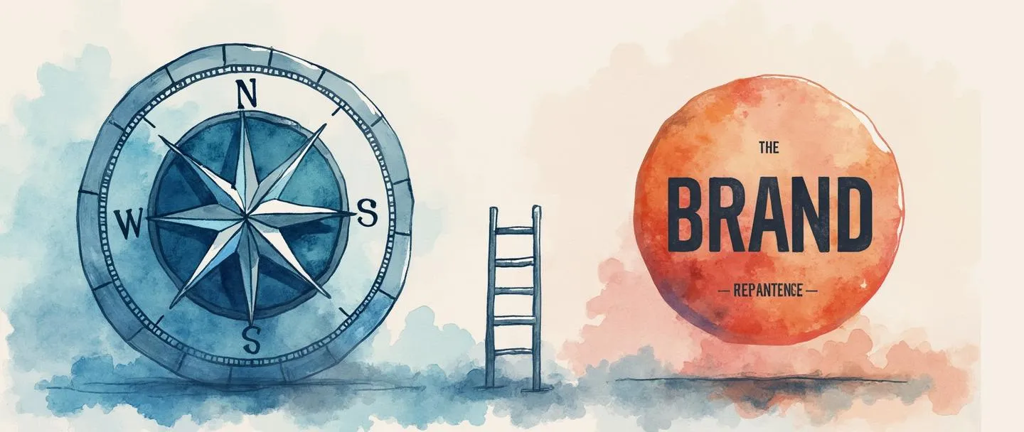 Uma pintura digital em aquarela de um logotipo de marca se transformando de um design tradicional desbotado para uma versão moderna e vibrante. Uma bússola guia a transição enquanto uma escada conecta as duas versões. Composição simples com cores suaves mostrando a jornada de reposicionamento da marca.