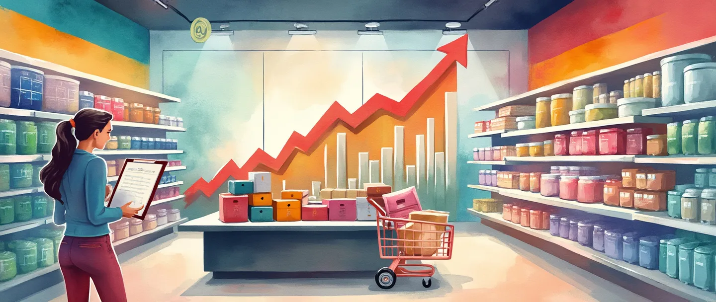 Uma pintura digital em aquarela de uma vitrine de loja com produtos organizados em prateleiras, uma pessoa com prancheta verificando itens, e um gráfico de barras simples com tendência ascendente ao fundo. Um calendário e um símbolo de alvo flutuam próximos, sugerindo planejamento e metas. Cena de merchandising de varejo vibrante, porém simples.